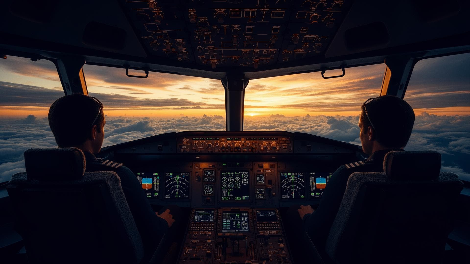 Sunrise from a commercial cockpit above the clouds